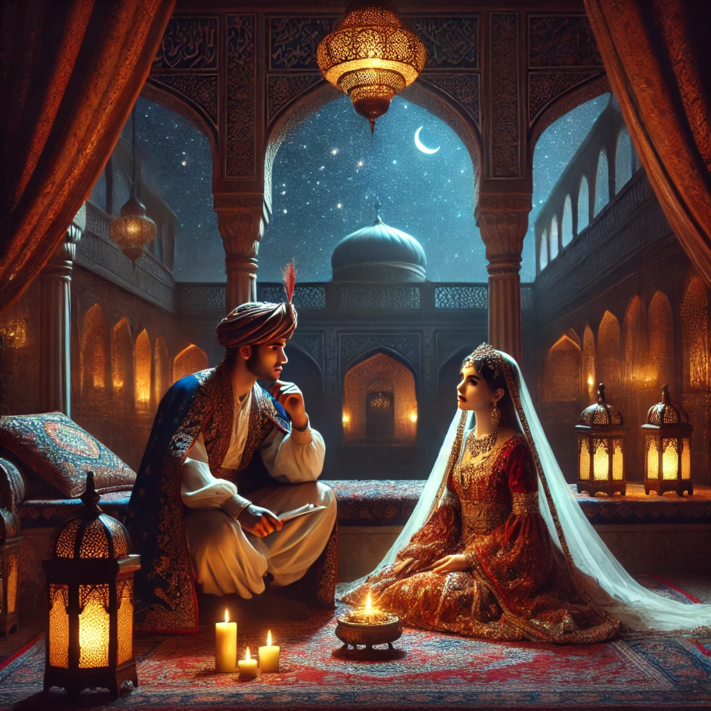 Scheherazade telling enchanting stories to King Shahryar in a Middle Eastern palace, inspired by One Thousand and One Nights, with intricate Persian decor, golden lamps, and a starry night backdrop.