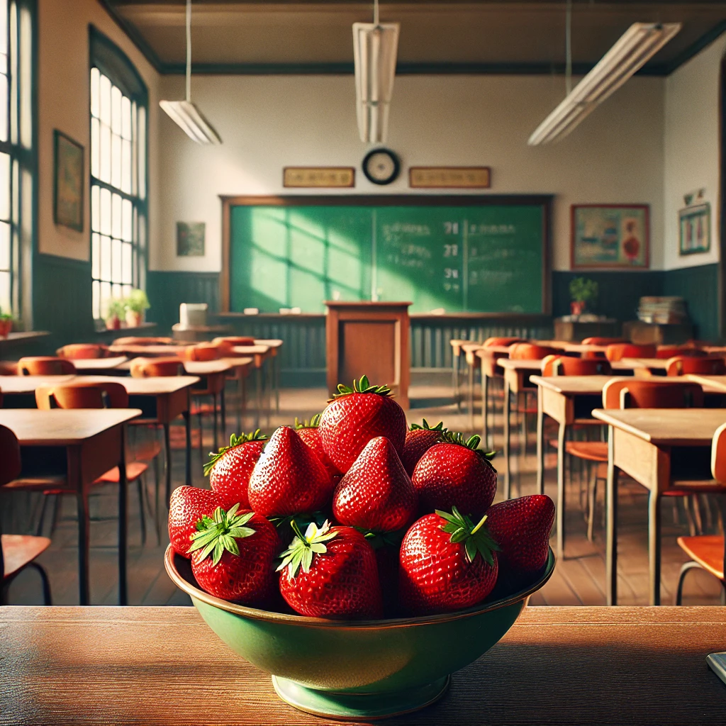 Bowl of strawberries on a teacher's desk in an empty classroom, facing the blackboard with sunlight streaming in.