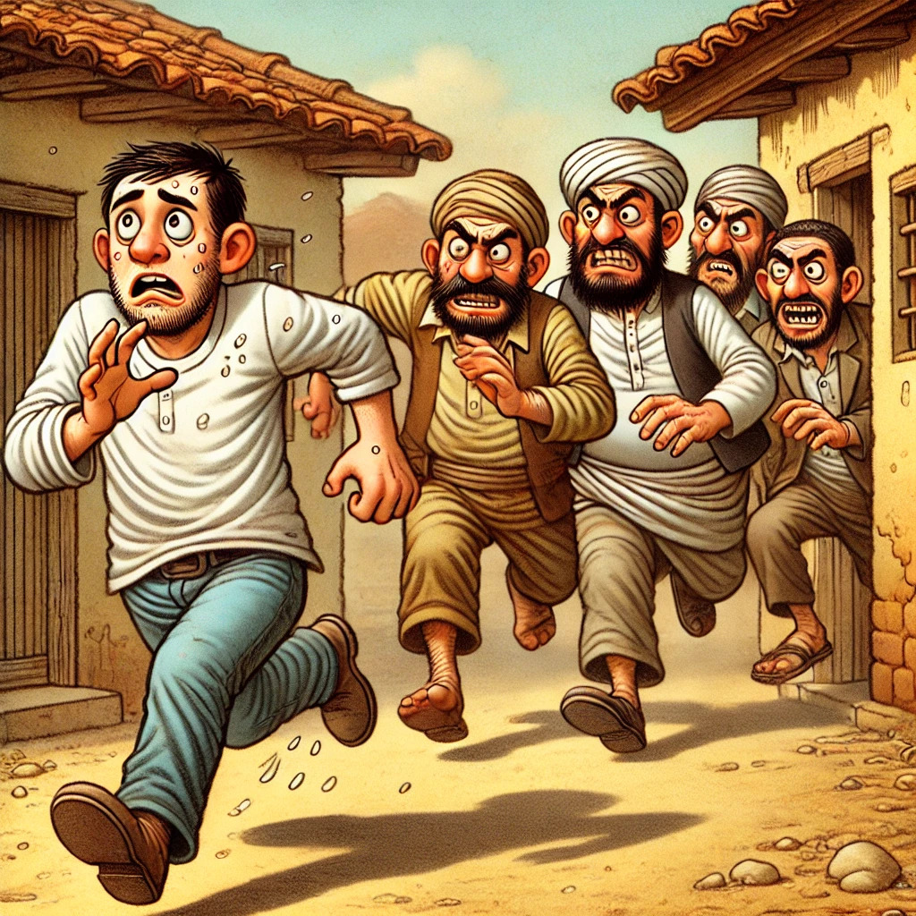 Humorous village scene of a man running away from four angry men chasing him through a rustic village street