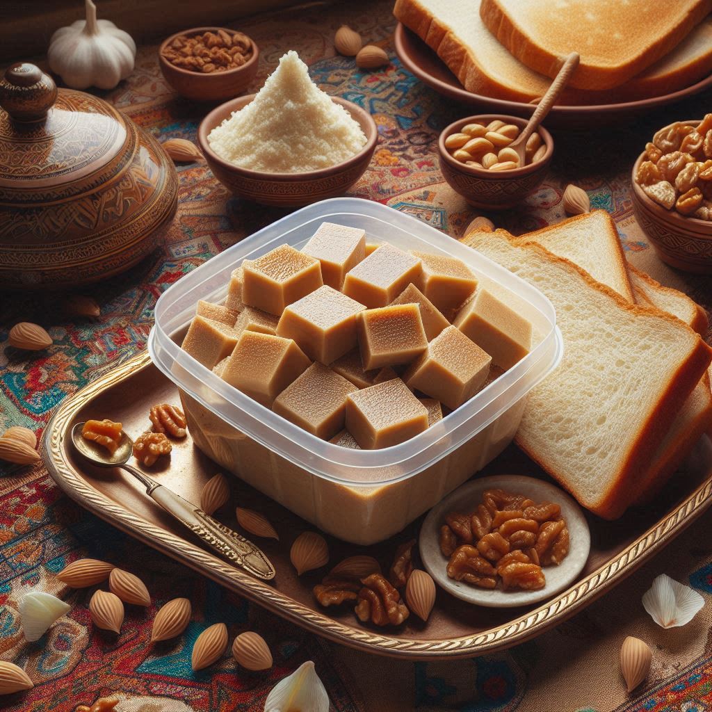 Smooth halva spread on a white plastic plate next to Sangak bread on a traditional Iranian table