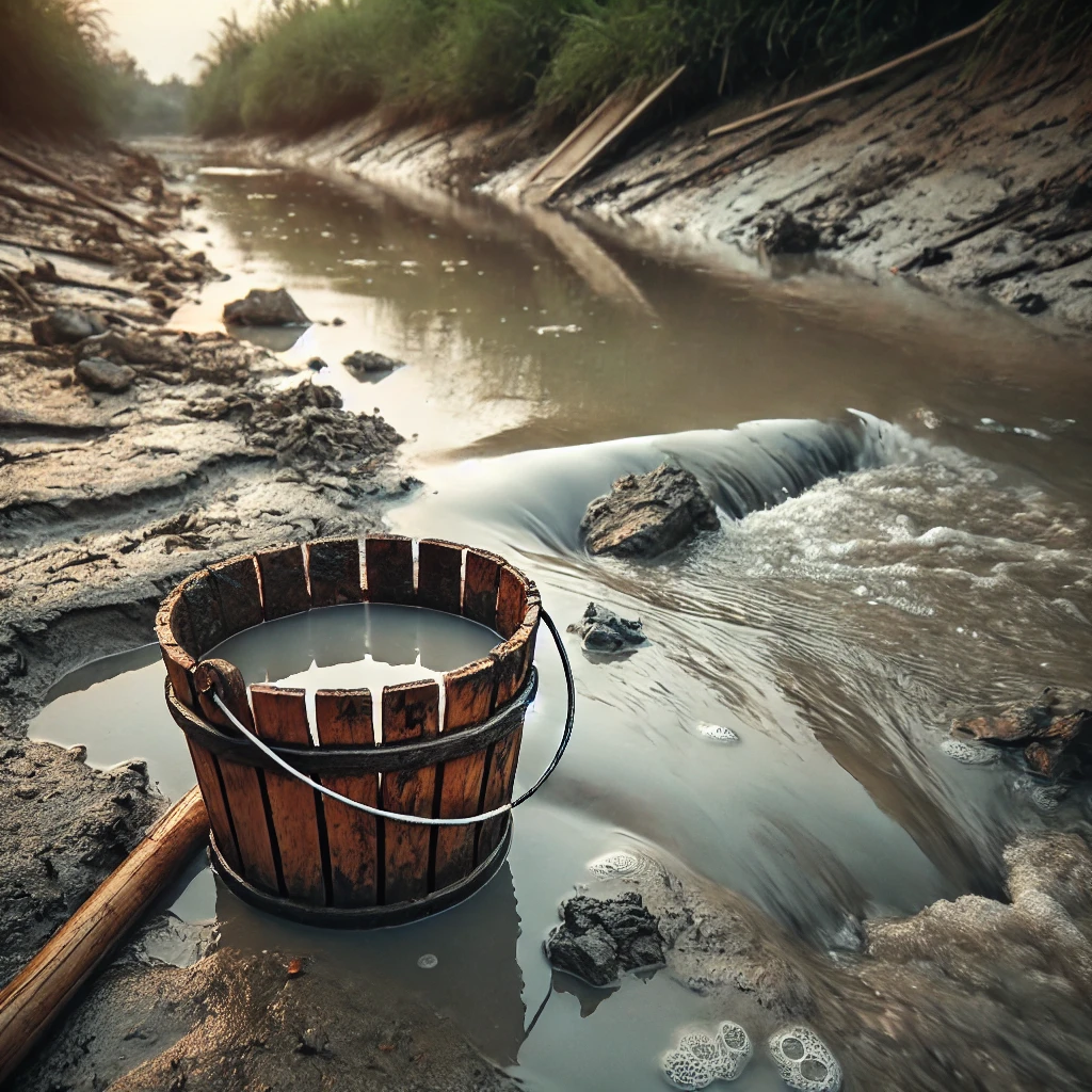 Wooden bucket filling with murky water from a semi-polluted river, surrounded by natural vegetation.