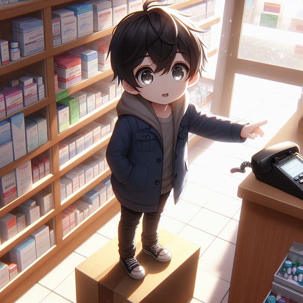 Anime-style illustration of a little boy with black hair and shining eyes standing on a box, reaching for the phone in a pharmacy.